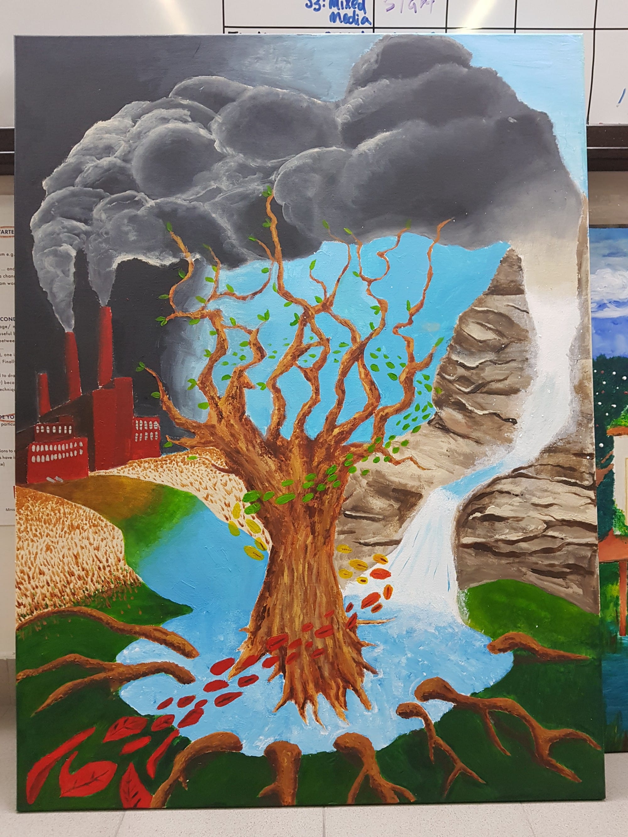 Painting titled 'The Redemption Tree' showing a tree between factory smoke and a waterfall, with red footprint-shaped leaves at its roots.